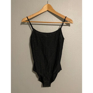 Tooshie Womens One Piece Swimsuit Size Small Black Gold Glitter Stripe Modern